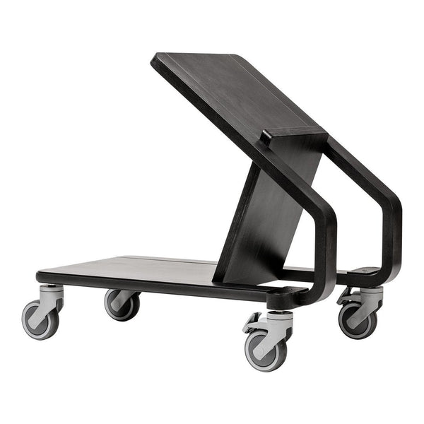 Black wheeled cart with a sleek, modern design and a unique angled top, perfect for versatile storage solutions.