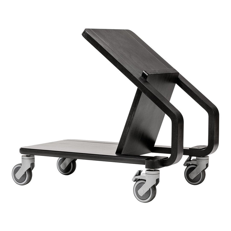 Black wheeled cart with a sleek, modern design and a unique angled top, perfect for versatile storage solutions.