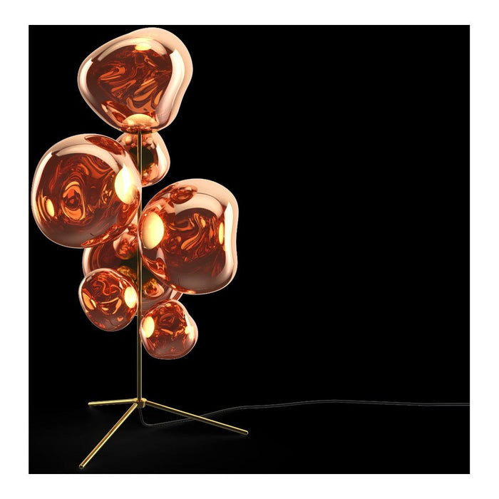 Copper bubble lamp with a modern design, featuring shiny, organic shapes against a black background.