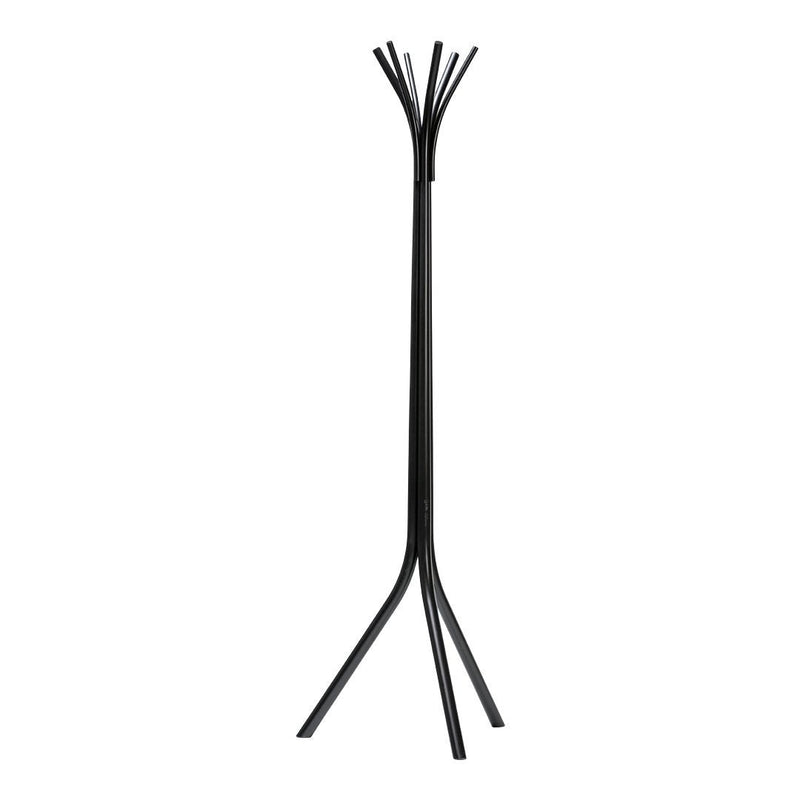 Sleek black coat rack with minimalist design and branch-like pattern, perfect for modern interiors.