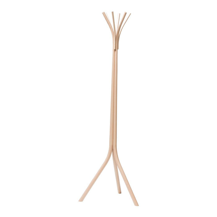 Natural wood coat rack with a minimalist design, featuring a smooth finish and clean lines. Perfect for any decor.
