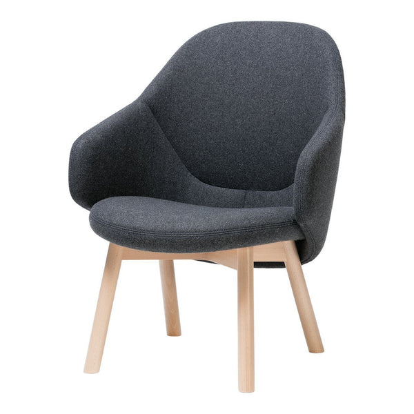 Gray upholstered chair with a smooth finish and natural wooden legs, featuring a modern, minimalist design.