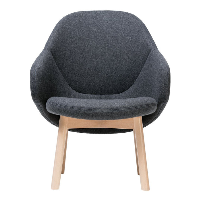 Cozy gray upholstered armchair with smooth, minimalist design and natural wood legs, perfect for modern decor.