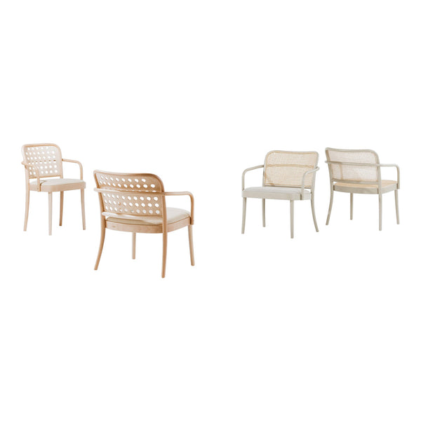Natural wood and soft cream chairs featuring open lattice patterns for a modern, airy look.