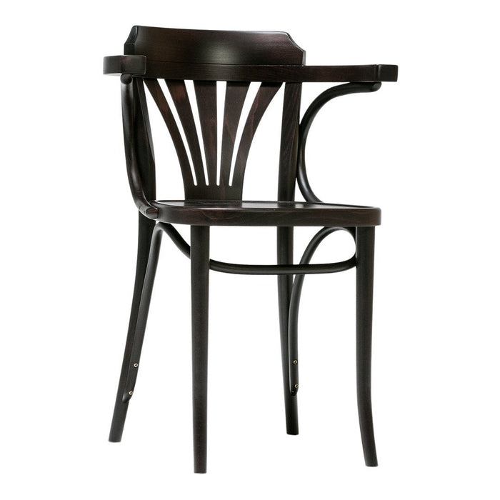 Dark wood dining chair featuring a sleek, curved design with a classic slatted back and smooth finish.