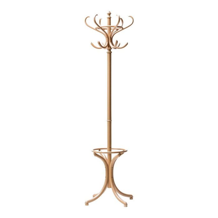 Light natural wood coat rack with a smooth finish and elegant curved hooks, showcasing a minimalist design.