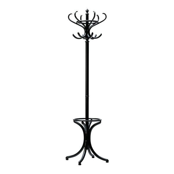 Black metal coat rack with elegant curved design and glossy finish, featuring multiple hooks for hanging items.