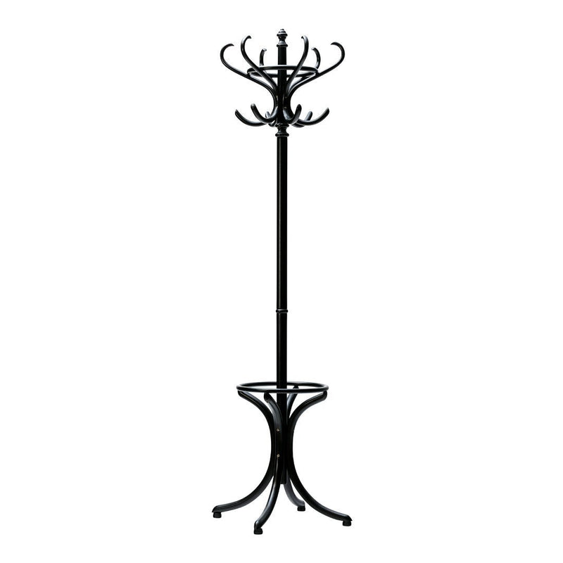 Black metal coat rack with elegant curved design and glossy finish, featuring multiple hooks for hanging items.