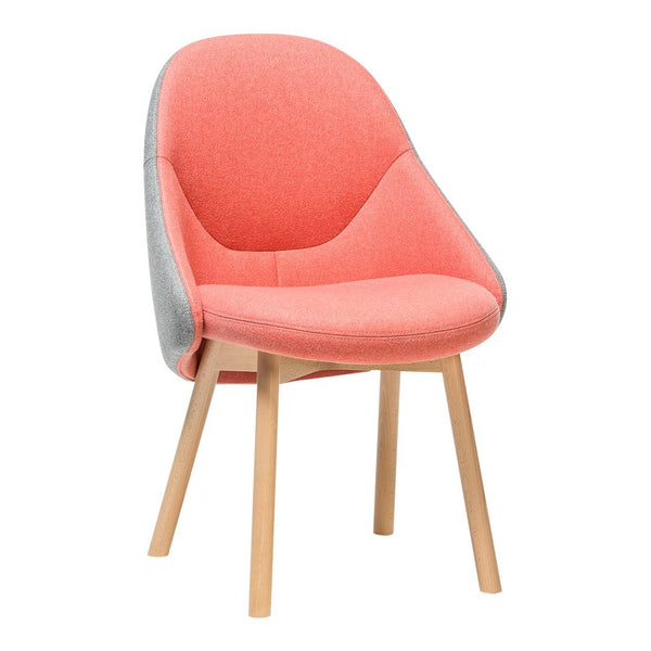 Coral and gray upholstered chair with wood legs, featuring a modern, curved design and soft texture.