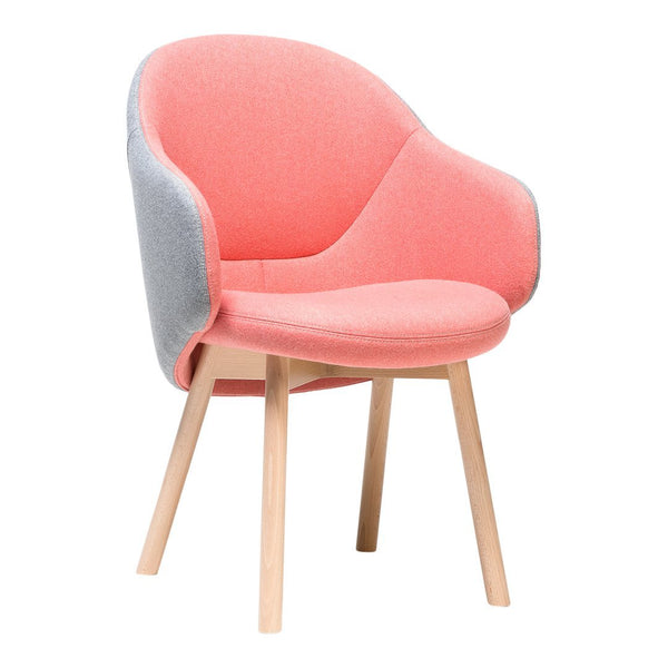 Pink and gray upholstered accent chair with wooden legs, featuring a modern, curved design. Ideal for stylish interiors.