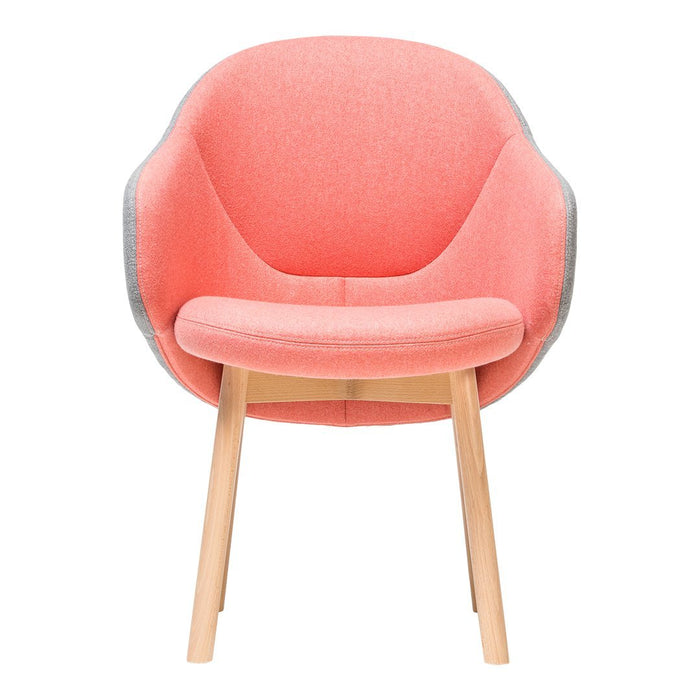 Coral pink chair with a gray backrest and light wood legs; modern, sleek design suitable for any contemporary space.