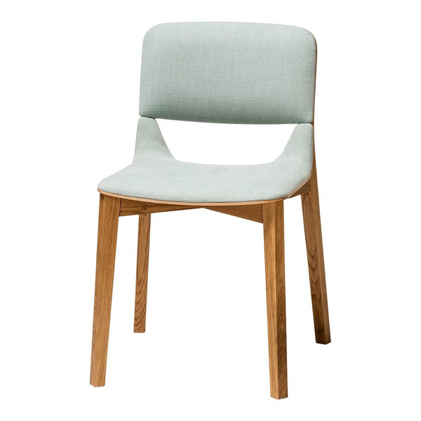 Light blue upholstered chair with a natural wood frame, featuring a smooth, minimalist design. Ideal for modern decor.