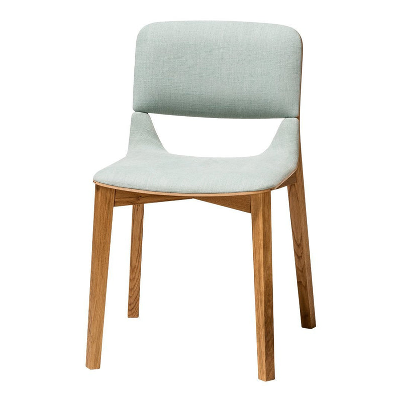 Light mint green upholstered chair with a smooth fabric pattern and natural wood legs, offering a modern aesthetic.