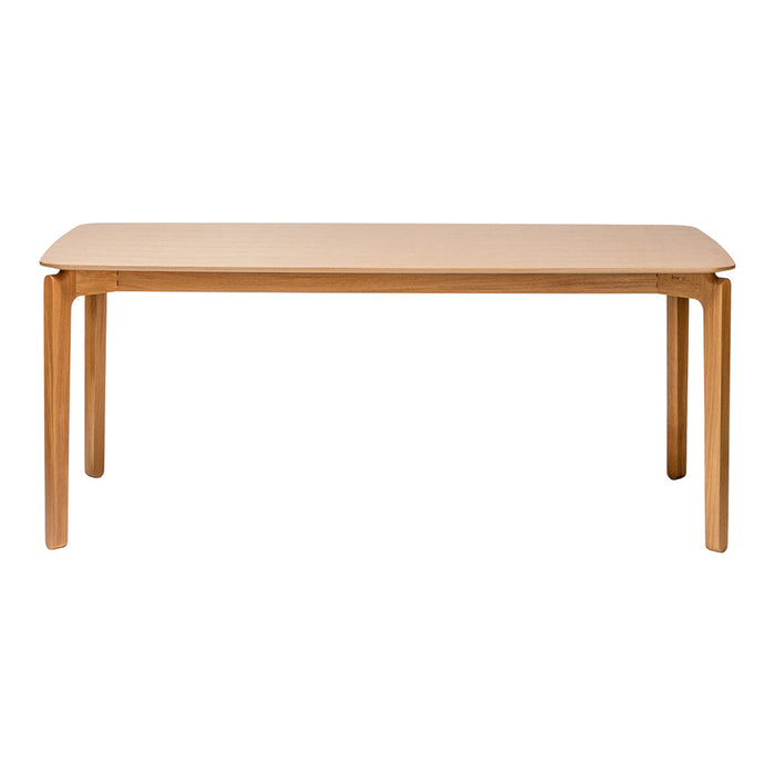 Natural wood dining table with a smooth, light brown finish and simple, clean lines. Perfect for modern interiors.