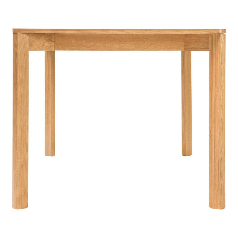 Natural wood grain table in light oak finish, featuring a simple, modern design with smooth edges and straight legs.