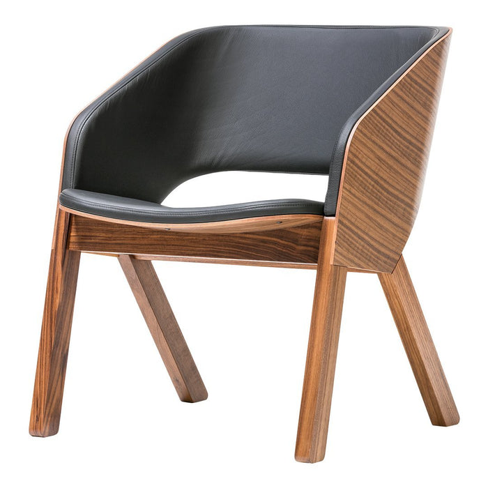 Black leather seat with a sleek wood frame, featuring rich brown tones and a modern minimalist design.
