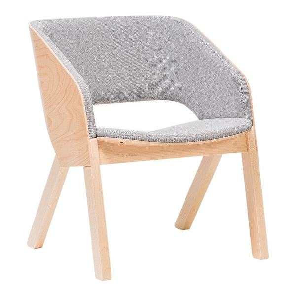 Gray upholstered chair with a minimalist design, featuring a light wood frame and smooth lines. Neutral color palette.