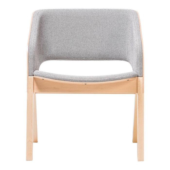 Gray upholstered chair with a minimalist design and natural wood legs, offering a modern and stylish look.