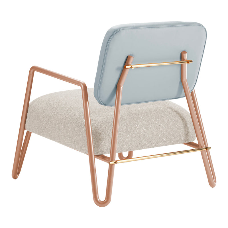 Light blue backrest, beige seat cushion with subtle texture, and rose gold metal frame accents. Modern, stylish design.