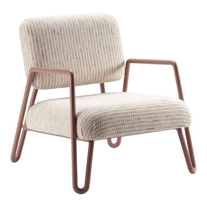 Beige textured upholstery with a smooth, rose gold metal frame. Minimalist design complements modern decor.