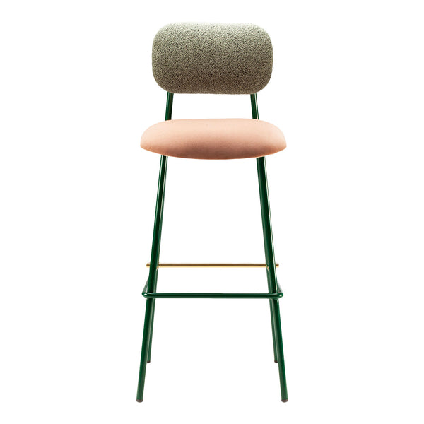 Green metal frame bar stool with a textured gray backrest and soft pink seat cushion. Gold footrest detail.