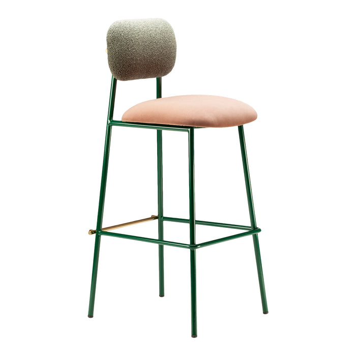 Green metal bar stool with a pink upholstered seat and a textured gray backrest, perfect for modern decor.