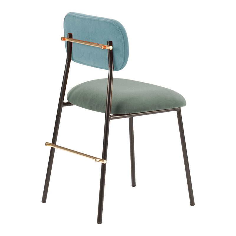 Stylish chair featuring a soft teal upholstery with a muted green seat and a sleek black metal frame accented with gold.