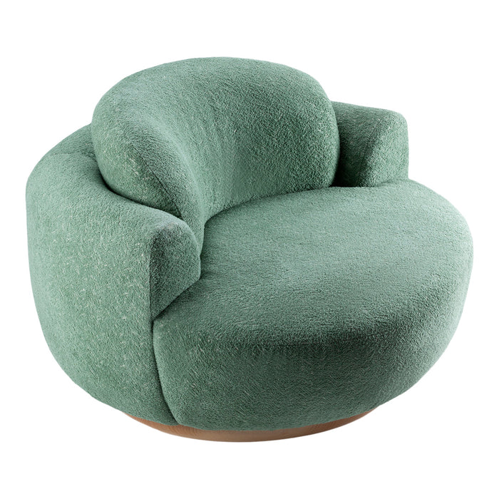 Textured mint green curved accent chair with soft, plush upholstery and smooth wooden base. Ideal for modern decor.