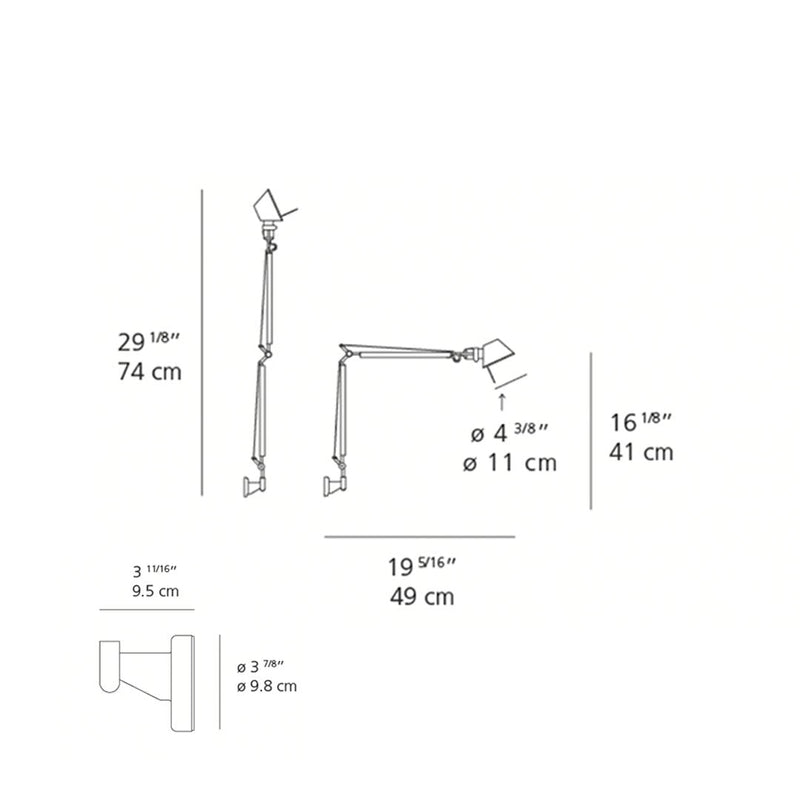 "Diagram of an adjustable desk lamp in sleek black and white, showcasing modern design with precise measurements."