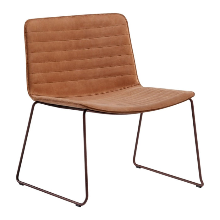 Tan ribbed upholstered chair with a sleek brown metal frame, perfect for modern decor.