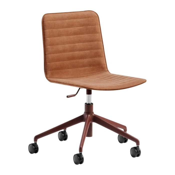 Brown ribbed upholstered office chair on a swivel base with rolling wheels. Ideal for modern workspaces.
