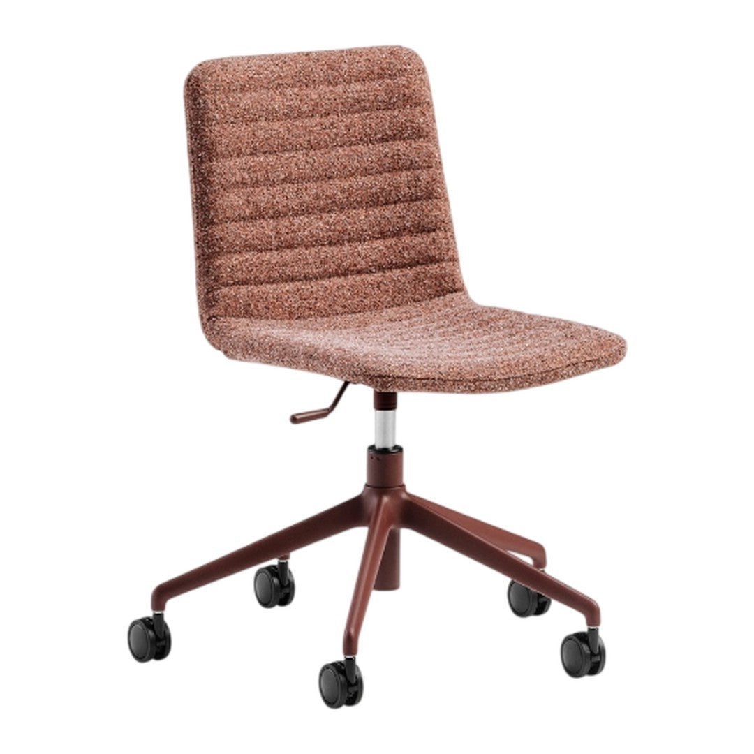 Brown textured fabric desk chair with subtle horizontal ribbing and a matte brown base on rolling casters.