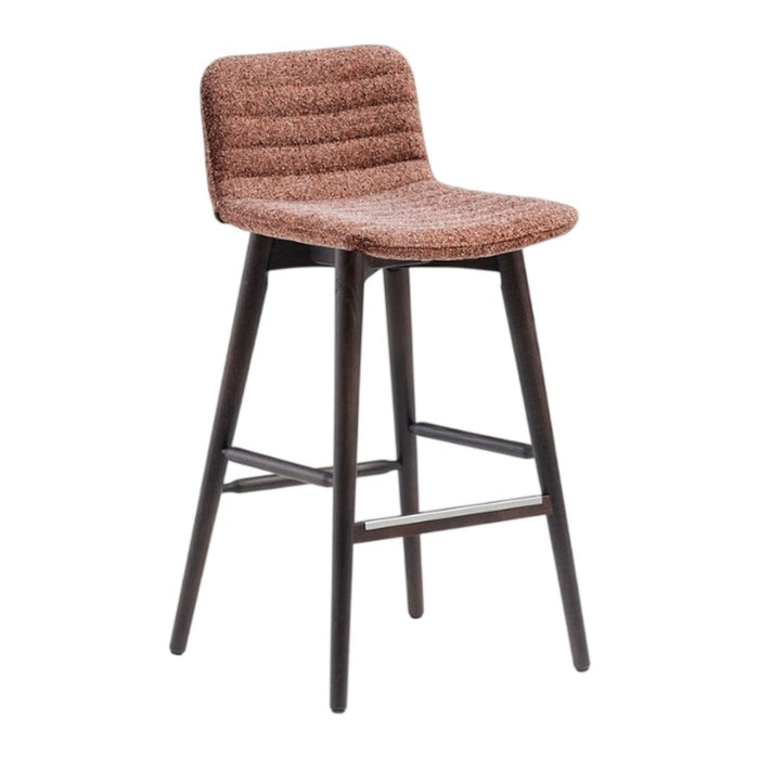 Rust-colored ribbed fabric bar stool with dark wooden legs for a modern, chic look. Perfect for any contemporary space.