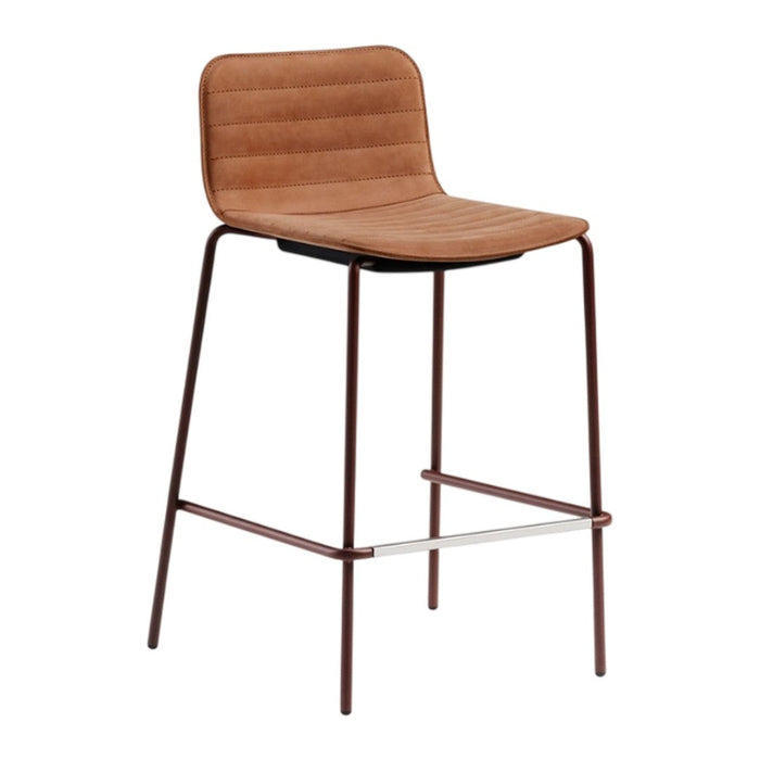 Brown ribbed upholstered bar stool with a sleek black and chrome frame. Perfect for modern interiors.