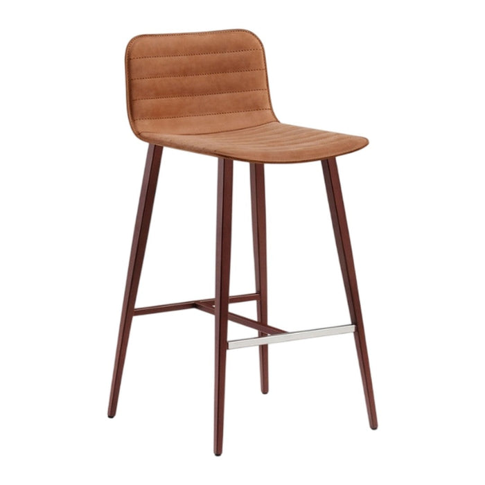 Brown upholstered bar stool with vertical ribbed pattern and dark wood legs, featuring a sleek, modern design.