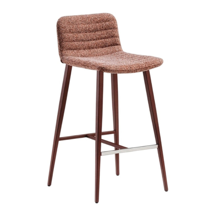 Brown textured fabric bar stool with ribbed pattern and dark wood legs. Stylish and modern design for any space.