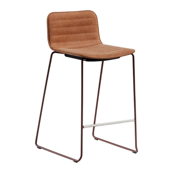 Brown upholstered bar stool with vertical stitched pattern and sleek black metal legs. Modern and stylish design.
