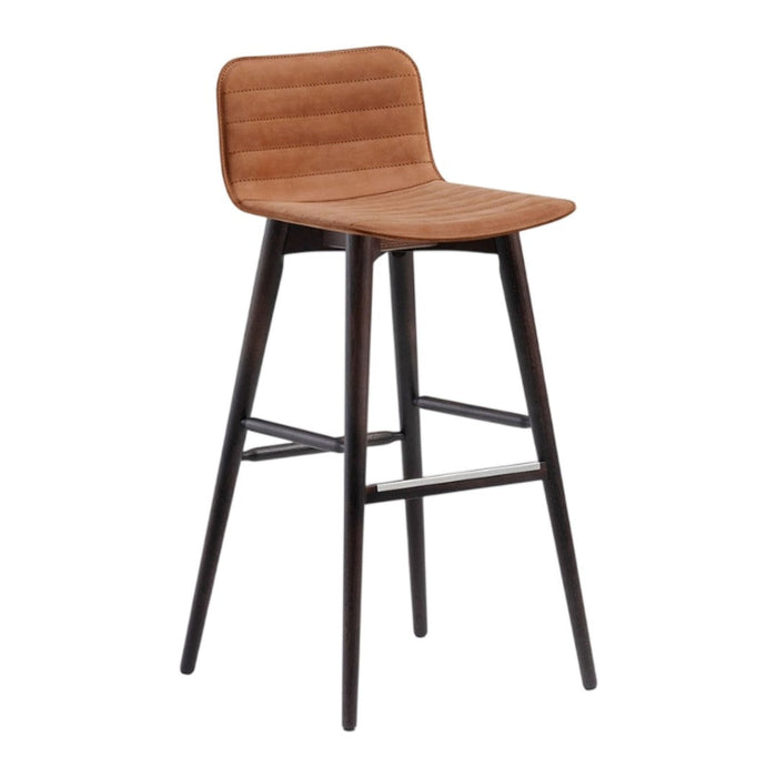 "Brown upholstered bar stool with vertical ribbed pattern and dark wooden legs."