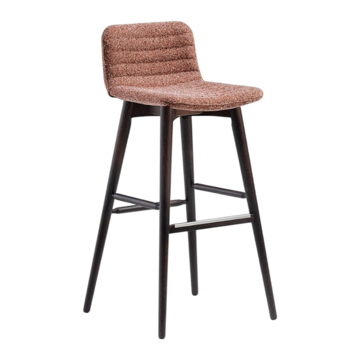 Brown upholstered bar stool with a ribbed texture and dark wooden legs.