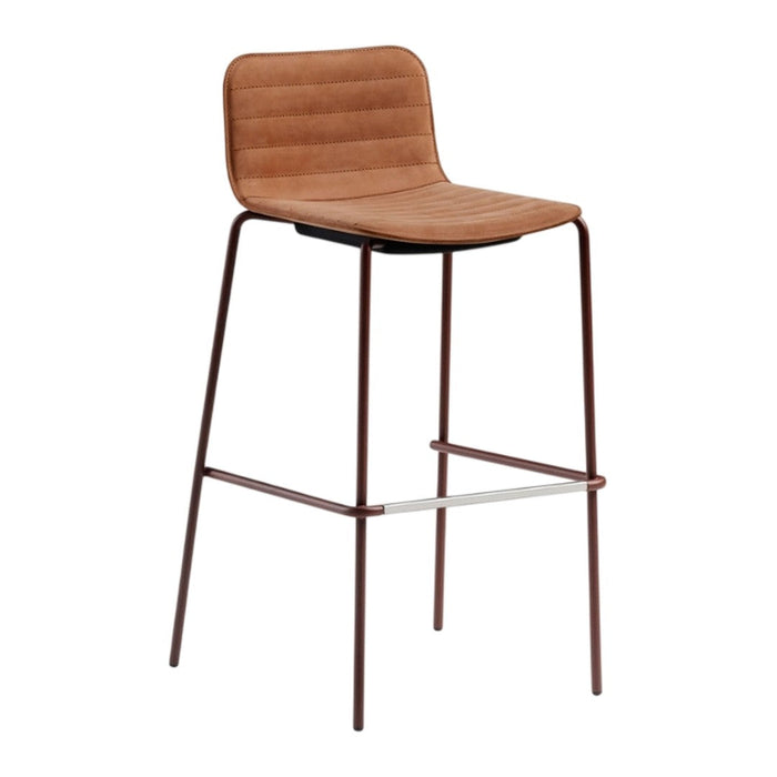 "Brown upholstered bar stool with ribbed pattern and sleek metal legs in dark brown."