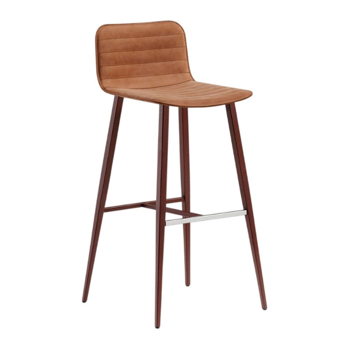 Brown upholstered bar stool with a ribbed pattern, featuring dark wooden legs and a sleek metal footrest.