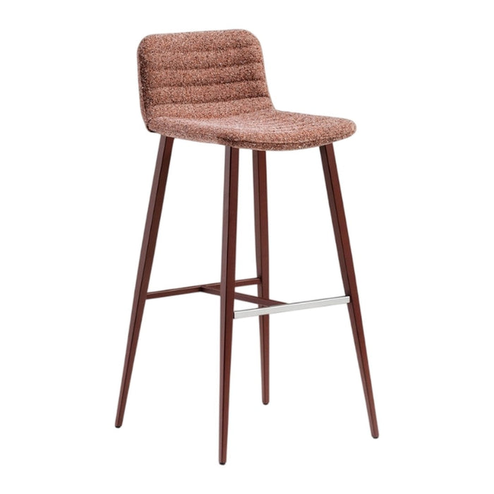 Brown patterned upholstered bar stool with wooden legs and a sleek design. Ideal for modern spaces.