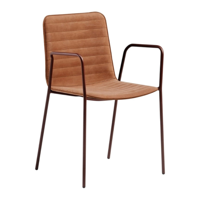 Tan upholstered chair with vertical ribbed patterns and a dark brown metal frame. Ideal for modern decor.