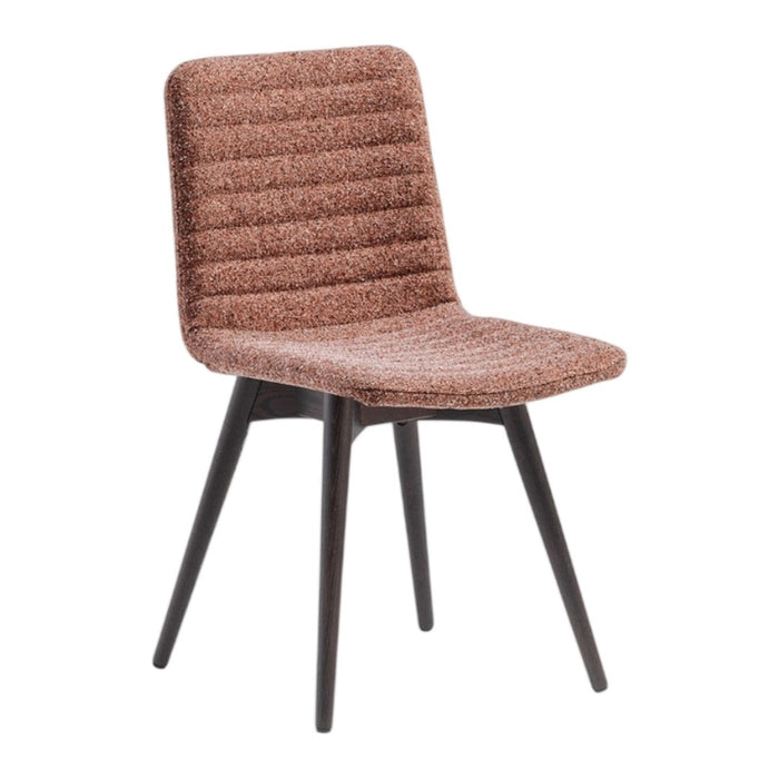 Textured brown upholstered dining chair with vertical ribbed pattern and sleek black wooden legs.