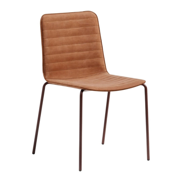 Tan upholstered chair with ribbed pattern and slender metal legs in a warm brown finish.