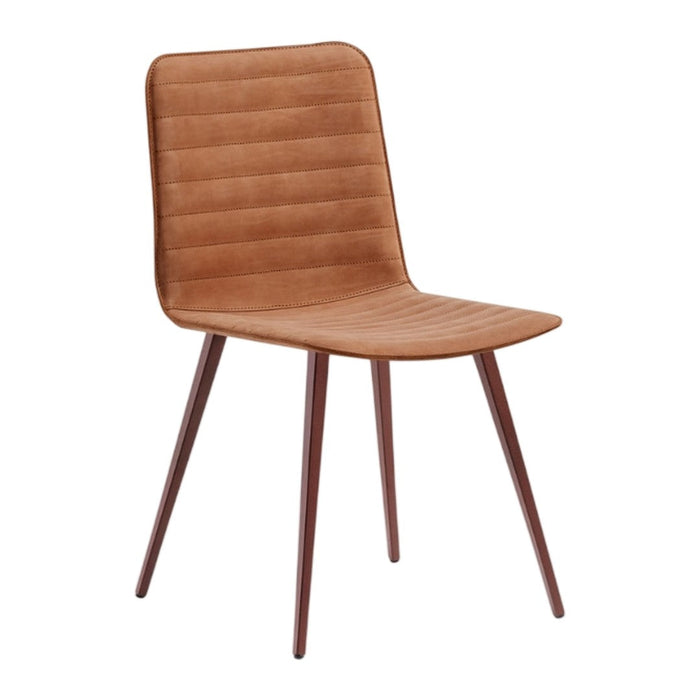 Brown ribbed upholstered chair with tapered wooden legs. Modern and stylish design for any decor.