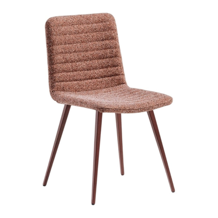 "Brown ribbed dining chair with sleek wood legs, featuring a textured fabric upholstery for modern elegance."