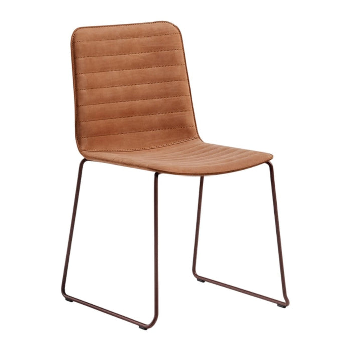 Brown quilted dining chair with sleek metal legs, perfect for modern decor.