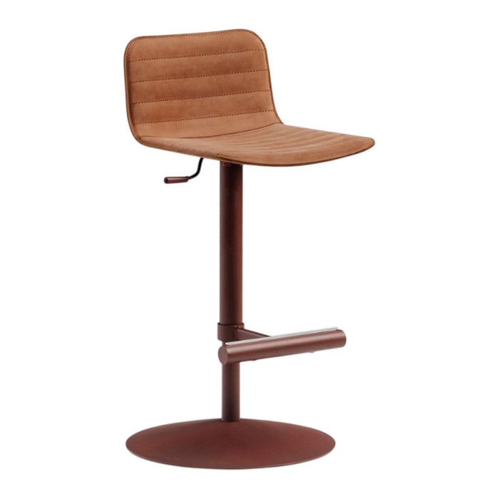 Brown ribbed leather bar stool with a matching brown metal base. Stylish, modern design for contemporary spaces.
