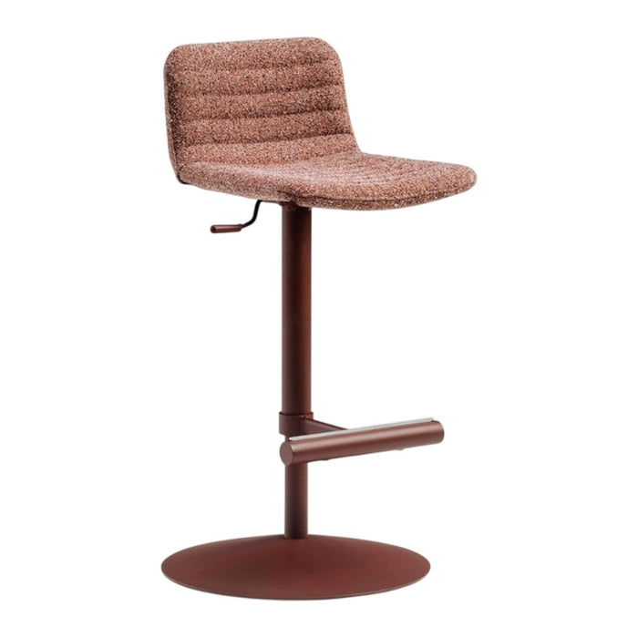 "Textured brown upholstered bar stool with a sleek bronze base and subtle ribbed pattern on the seat."